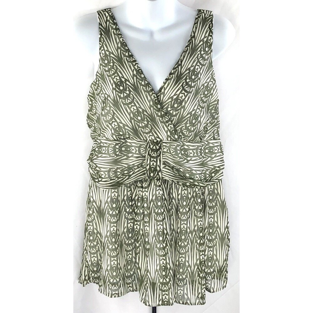 Rickis Sleeveless Chiffon Top 10 Green Geo Ruched Flowy Whimsy Artsy Fairy Boho